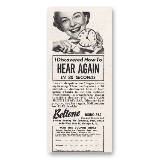 1950 Beltone Hearing Aid Hear Again In 20 Seconds Vintage Magazine Print Ad