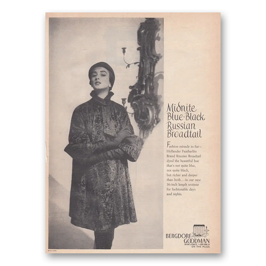 1950 Bergdorf Goodman Midnite Blue Black Russian Broadtail Vintage Magazine Print Ad