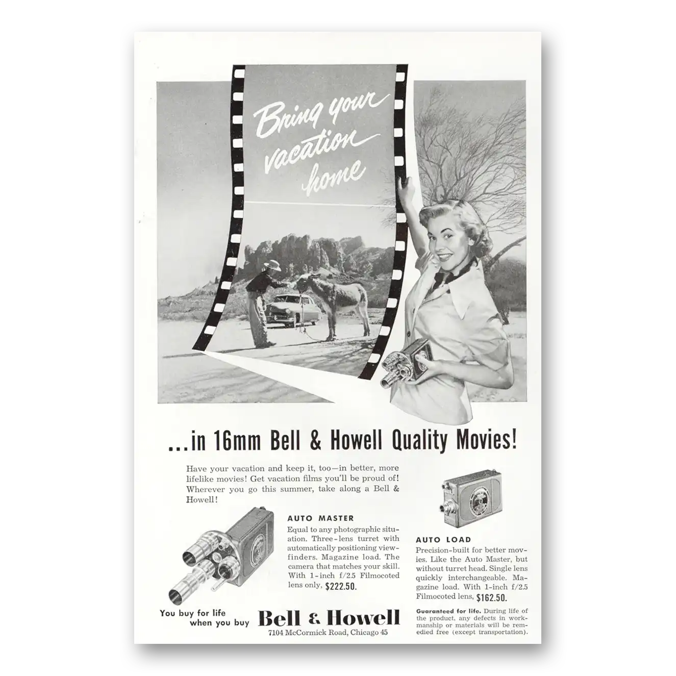 1950 Bell & Howell Movie Camera Bring Your Vacation Home Vintage Magazine Print Ad