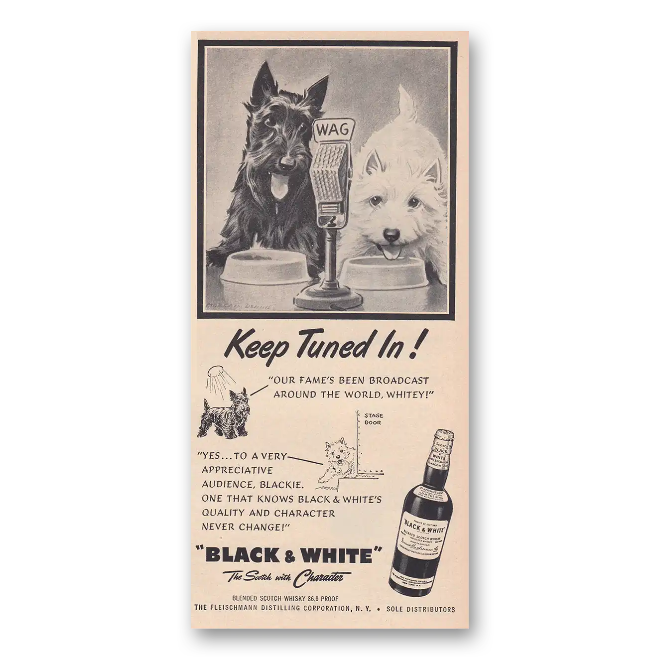 1950 Black and White Scotch Keep Tuned In WAG Vintage Magazine Print Ad