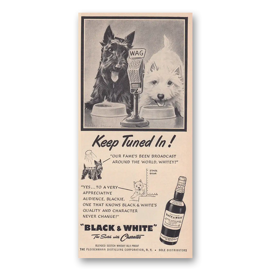 1950 Black and White Scotch Keep Tuned In WAG Vintage Magazine Print Ad