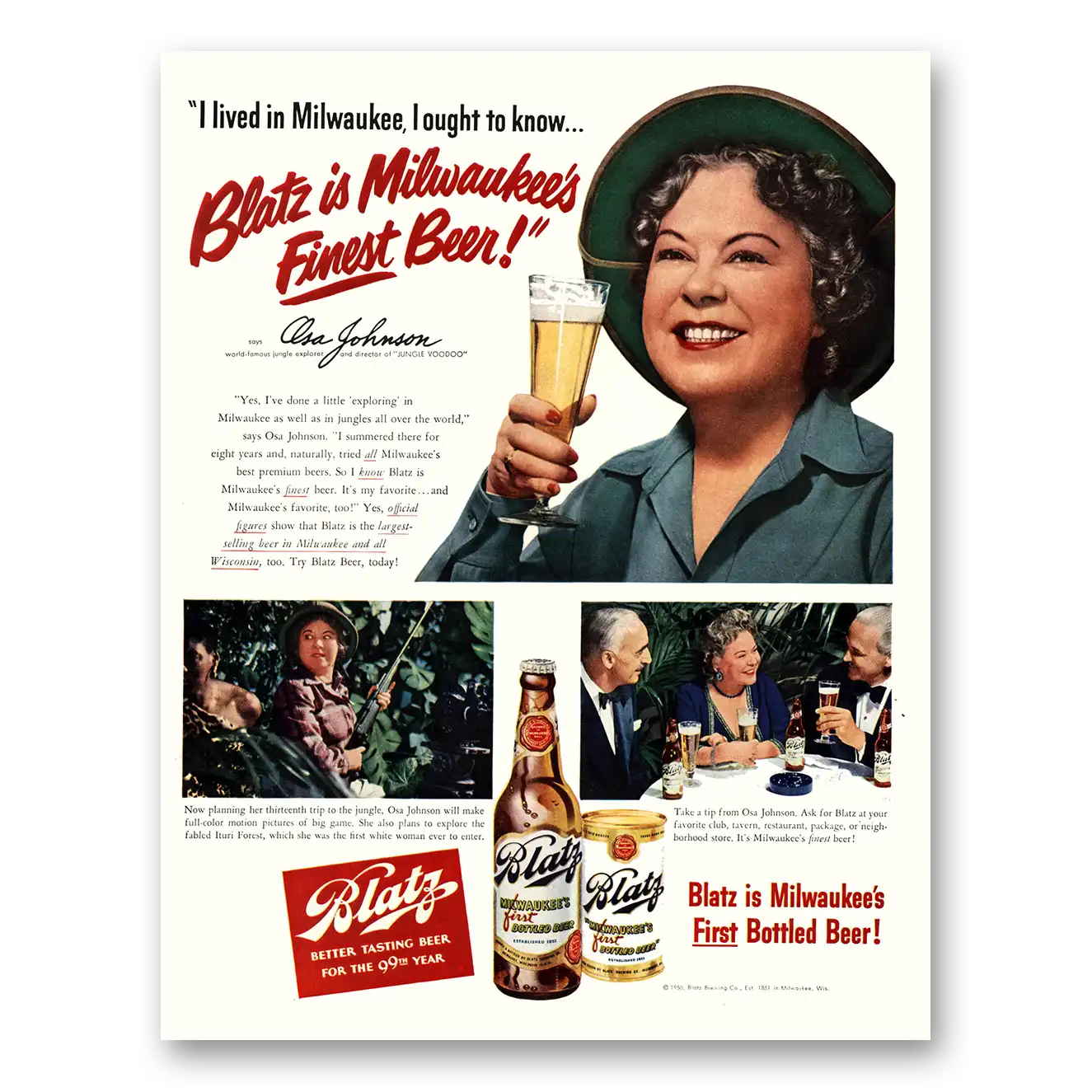 1950 Blatz Beer Olsa Johnson I Lived In Milwaukee Vintage Magazine Print Ad