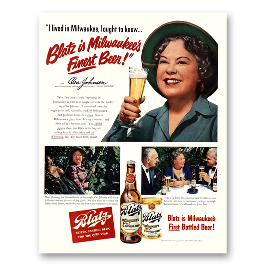 1950 Blatz Beer Olsa Johnson I Lived In Milwaukee Vintage Magazine Print Ad