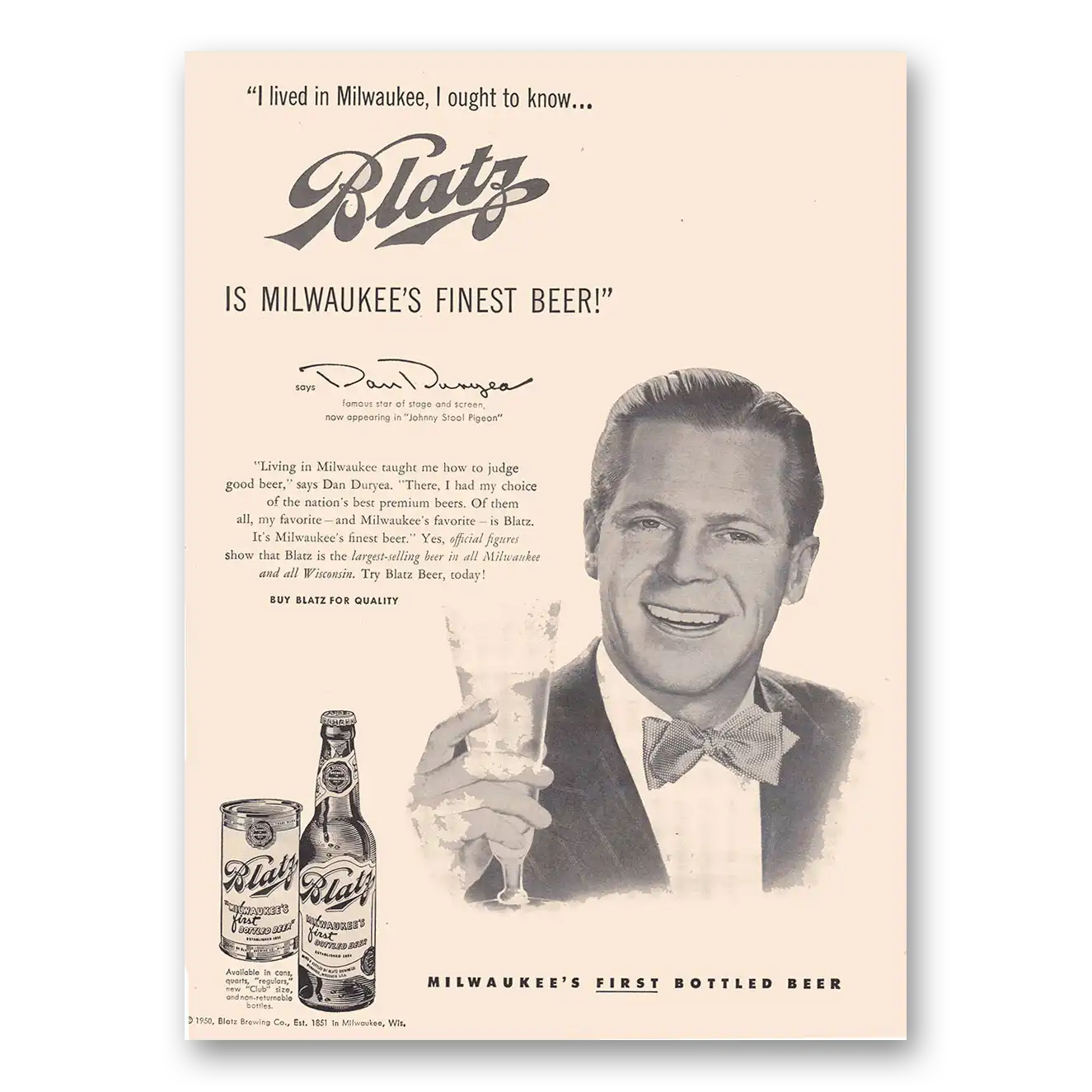 1950 Blatz Beer I Lived in Milwaukee Dan Duryea Vintage Magazine Print Ad