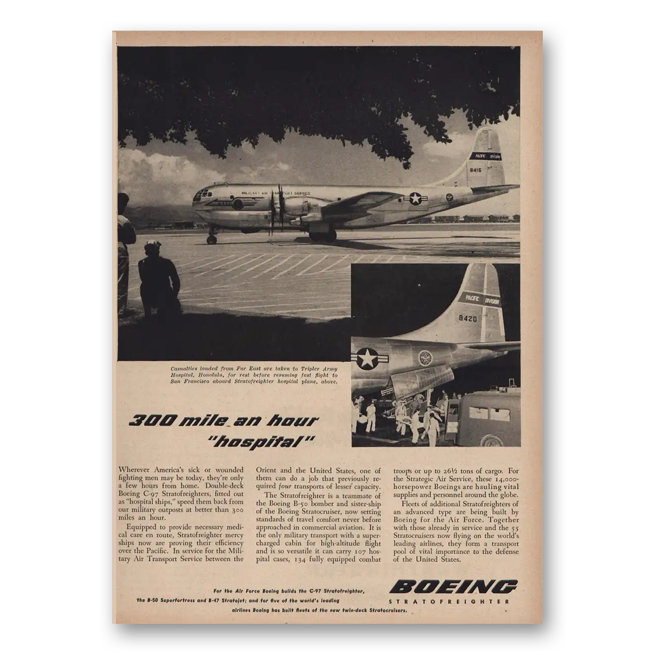 1950 Boeing Stratofreighter 300 Mile an Hour Hospital Vintage Magazine Print Ad