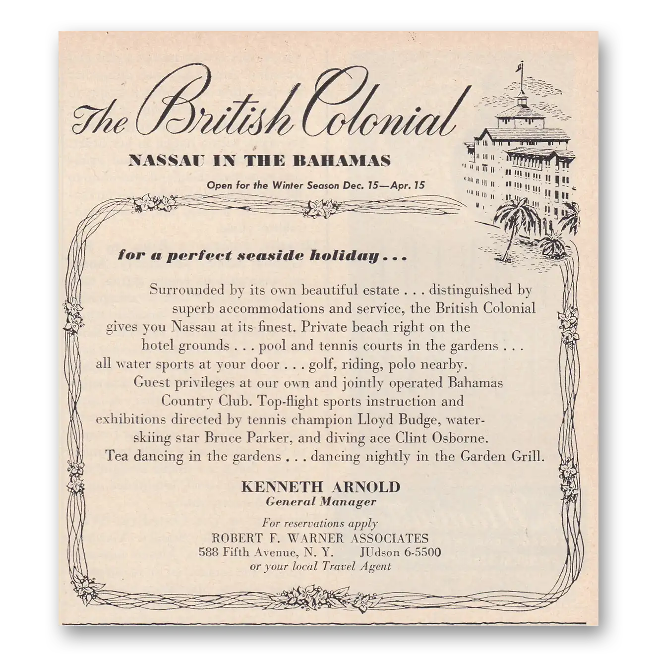 1950 British Colonial Hotel Nassau Bahamas Vintage Magazine Print Ad