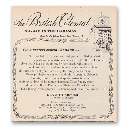 1950 British Colonial Hotel Nassau Bahamas Vintage Magazine Print Ad