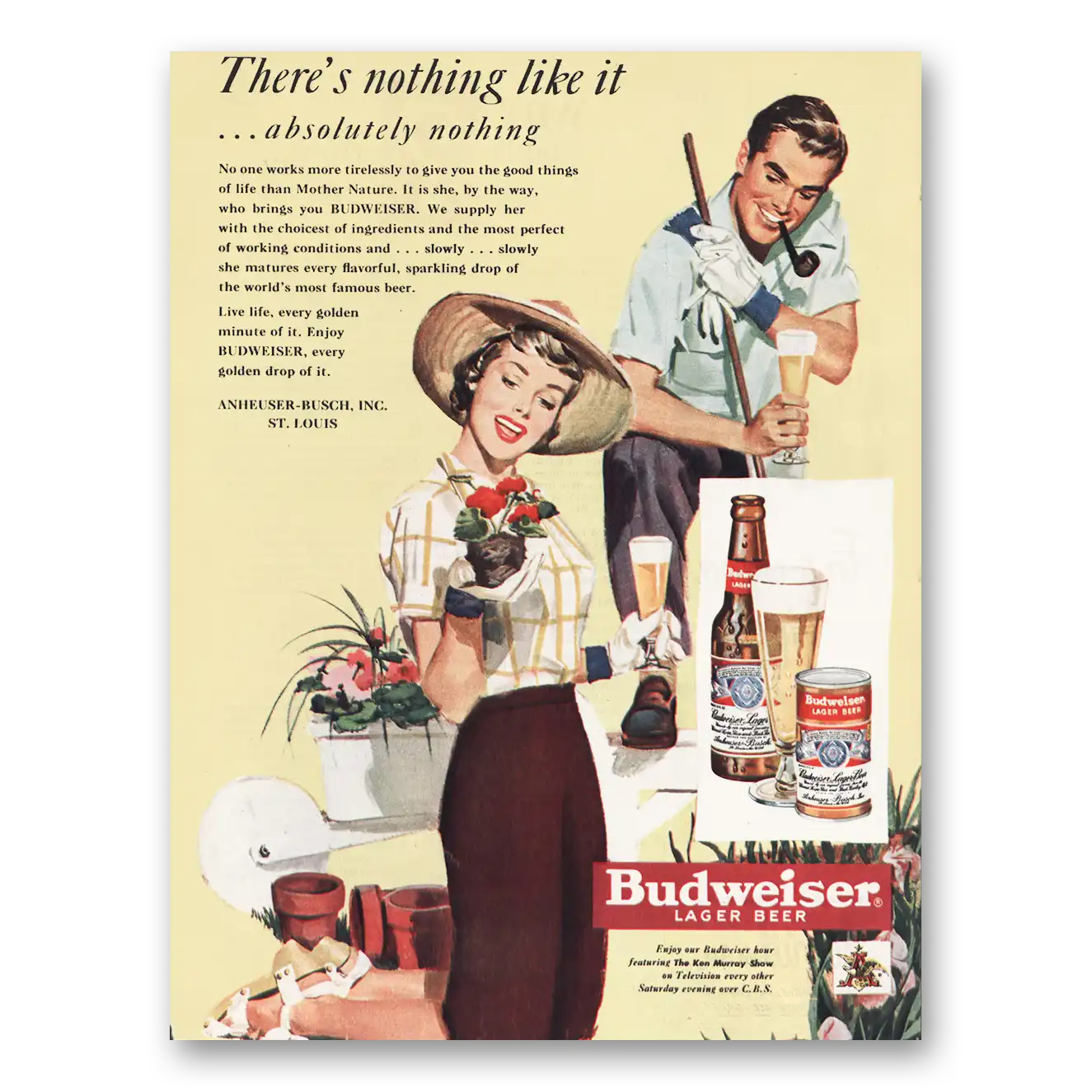 1950 Budweiser Beer Good Things of Life Mother Nature Vintage Magazine Print Ad