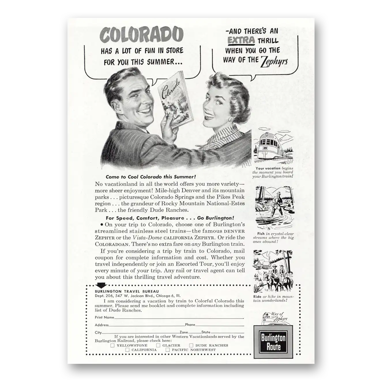 1950 Burlington Route Colorado Has a Lot of Fun In Store Vintage Magazine Print Ad