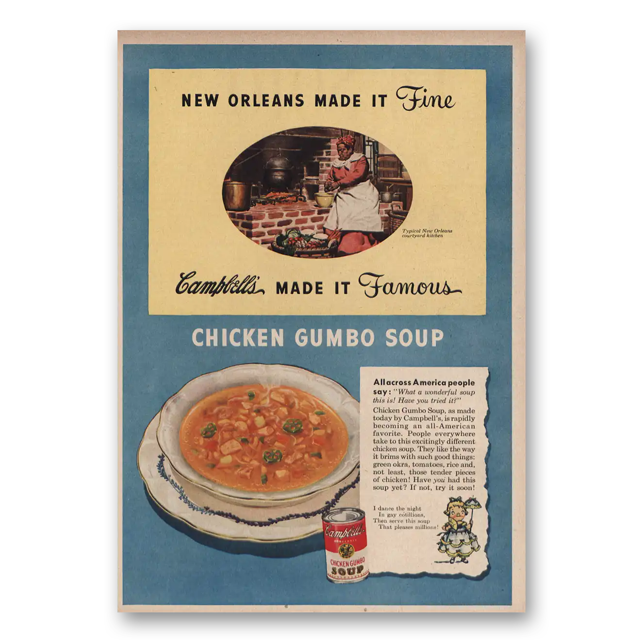 1950 Campbells Chicken Gumbo Soup New Orleans Made It Fine Vintage Magazine Print Ad