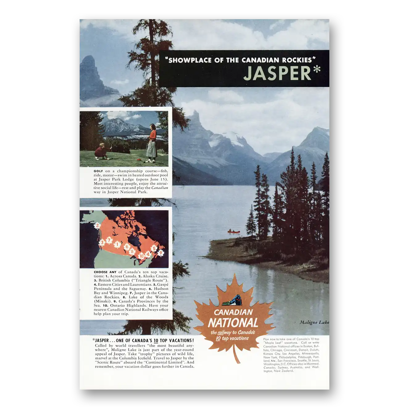 1950 Canadian National Railways Showplace of the Canadian Rockies Jasper Vintage Magazine Print Ad