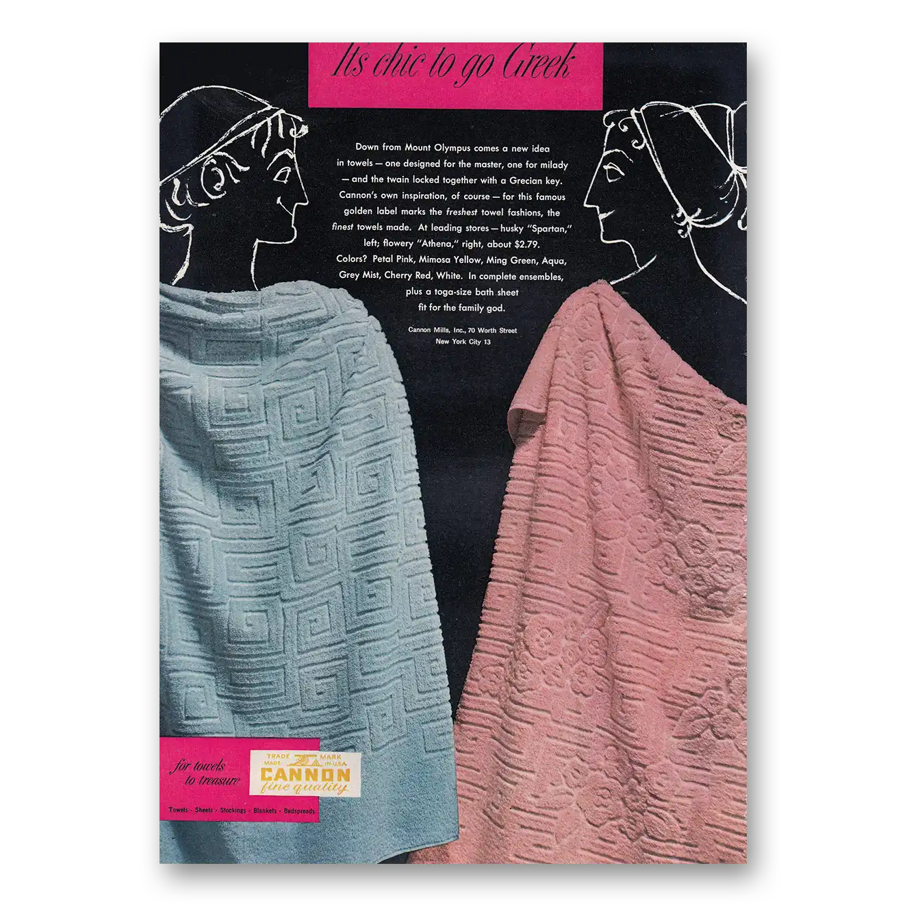 1950 Cannon Towels Chic to Go Greek Vintage Magazine Print Ad