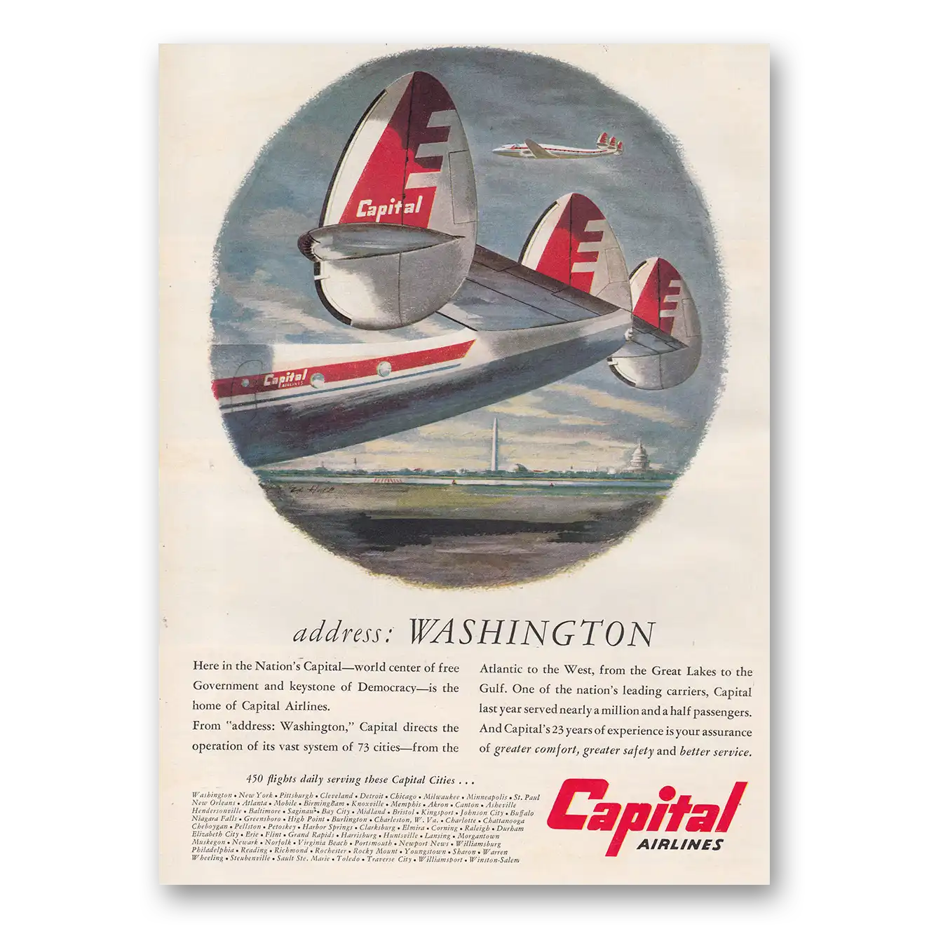 1950 Capital Airlines Address Washington Vintage Magazine Print Ad