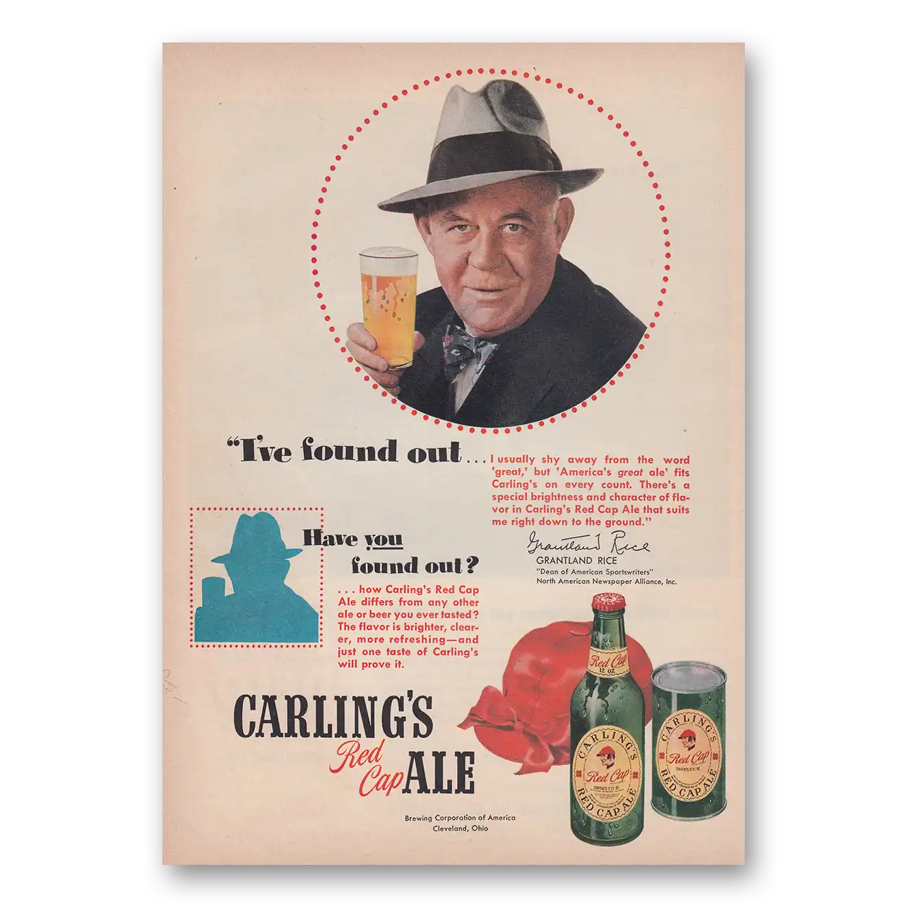 1950 Carlings Red Cap Ale Grantland Rice Vintage Magazine Print Ad