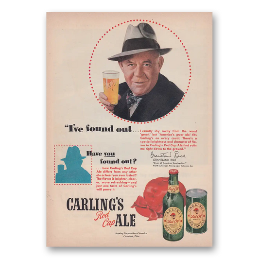 1950 Carlings Red Cap Ale Grantland Rice Vintage Magazine Print Ad