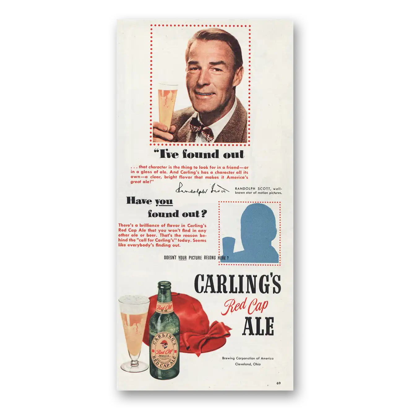 1950 Carlings Red Cap Ale Randolph Scott Found Out Vintage Magazine Print Ad