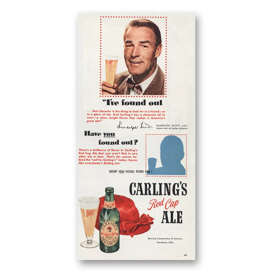 1950 Carlings Red Cap Ale Randolph Scott Found Out Vintage Magazine Print Ad