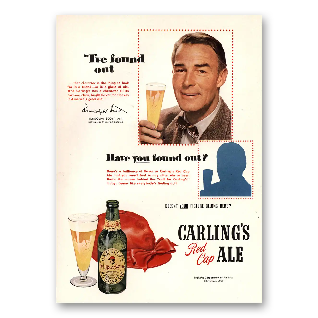 1950 Carlings Red Cap Ale Randolph Scott Vintage Magazine Print Ad