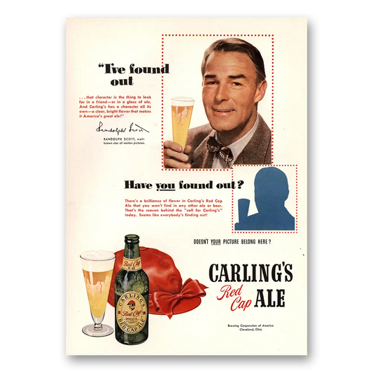 1950 Carlings Red Cap Ale Randolph Scott Vintage Magazine Print Ad