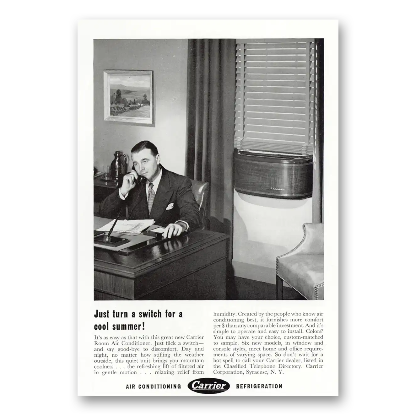 1950 Carrier Air Conditioning Just Turn a Switch Vintage Magazine Print Ad