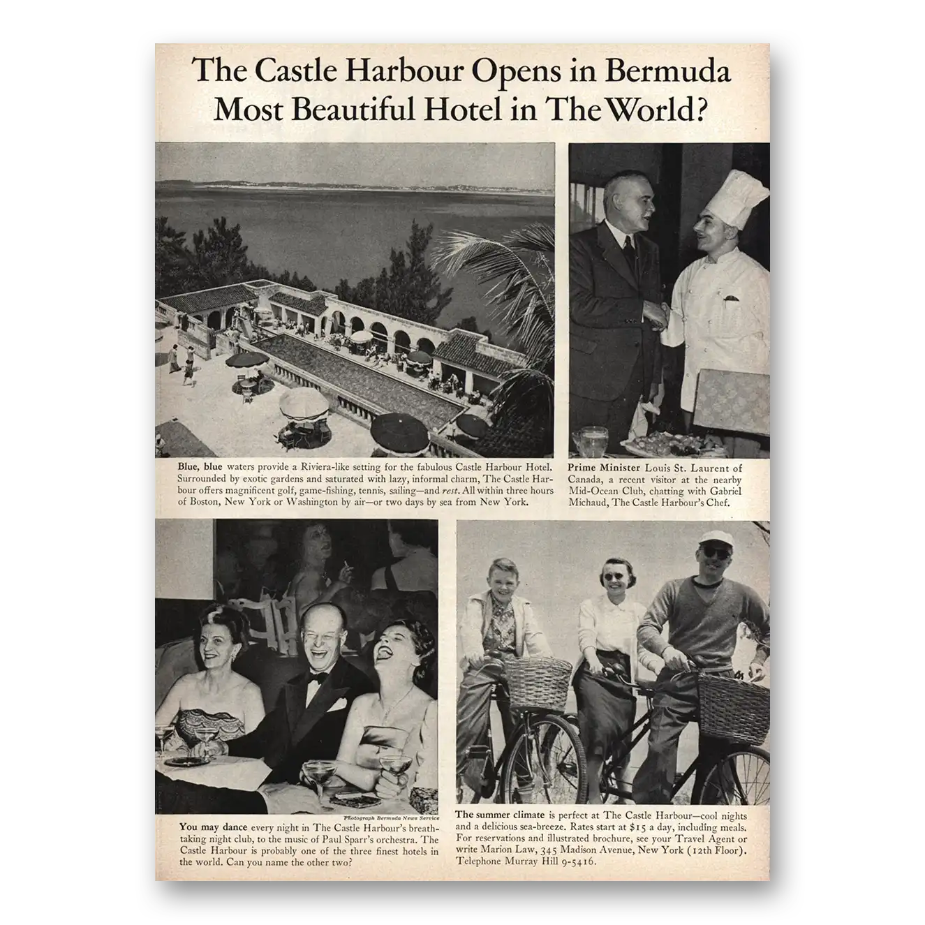 1950 Castle Harbour Opens In Bermuda Most Beautiful Hotel Vintage Magazine Print Ad