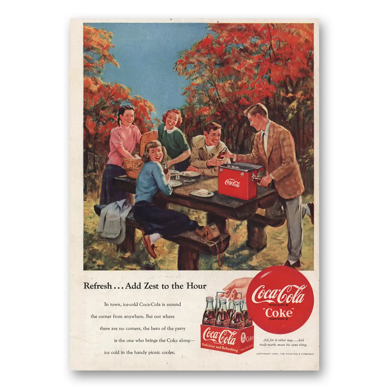 1950 Coca Cola Add Zest to the Hour Picnic Table Vintage Magazine Print Ad