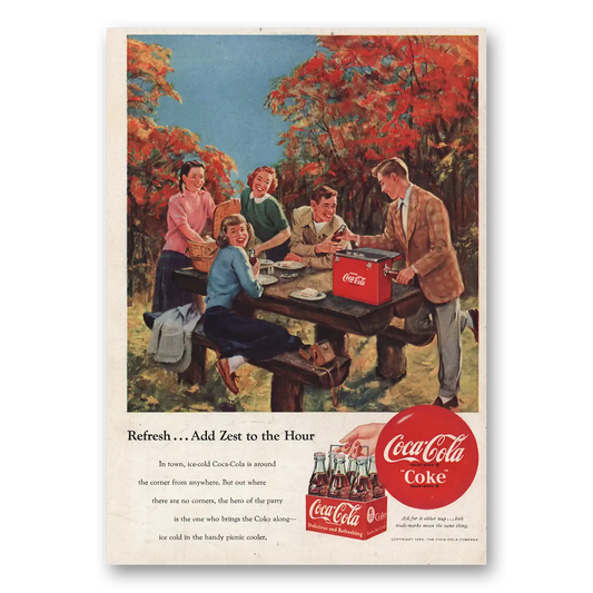 1950 Coca Cola Add Zest to the Hour Picnic Table Vintage Magazine Print Ad