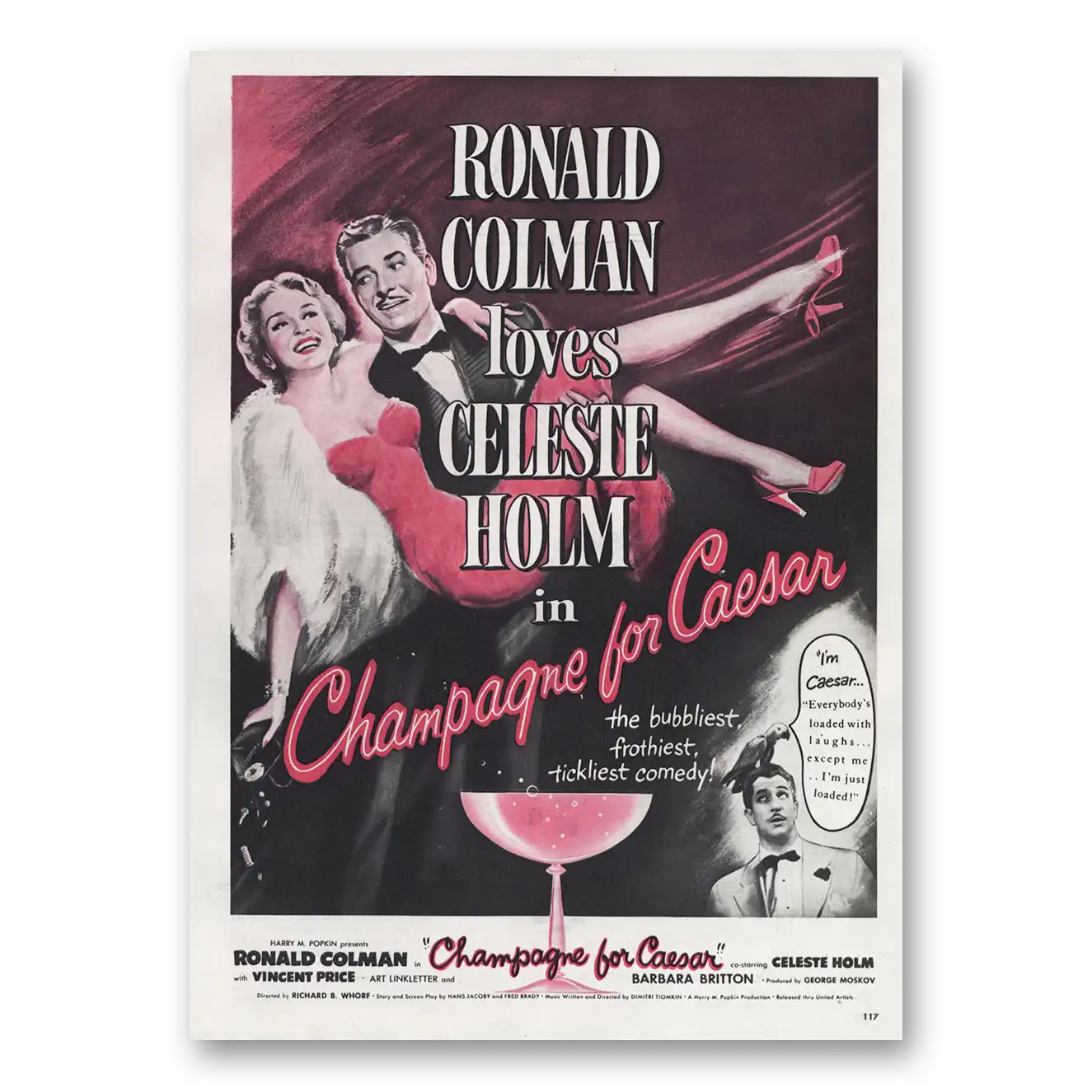 1950 Champagne for Caesar Movie Promo Ronald Colman and Celeste Holm Vintage Magazine Print Ad