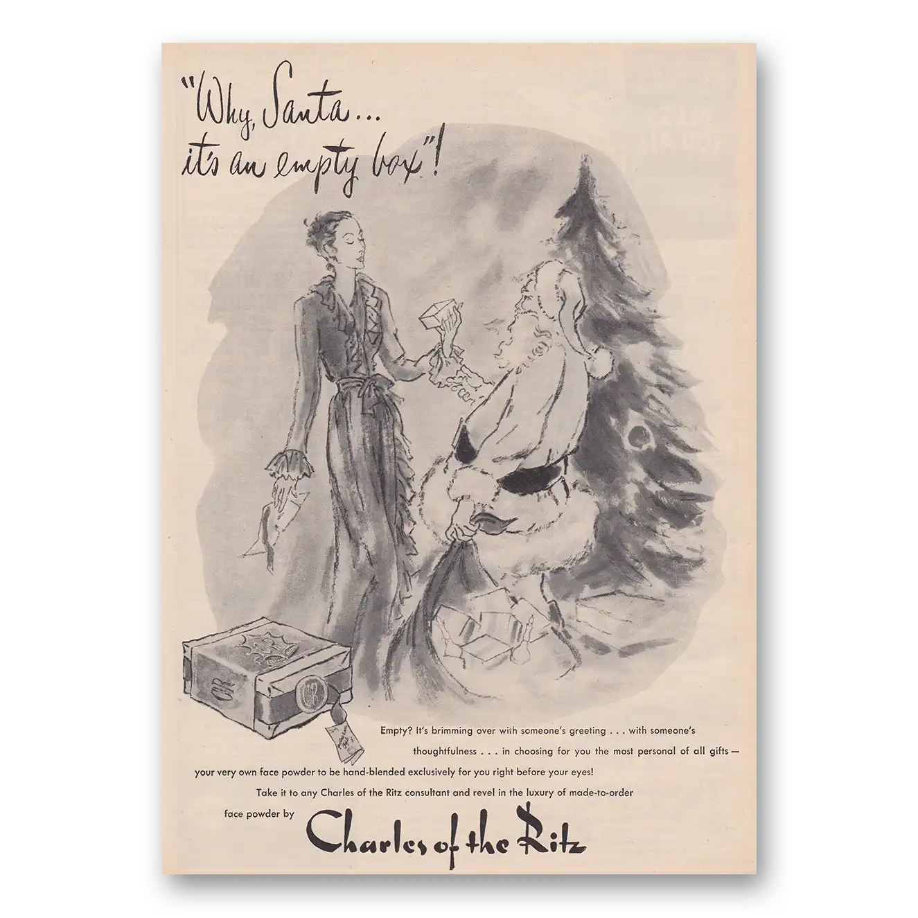 1950 Charles of the Ritz Cosmetics Santa Its An Empty Box Vintage Magazine Print Ad