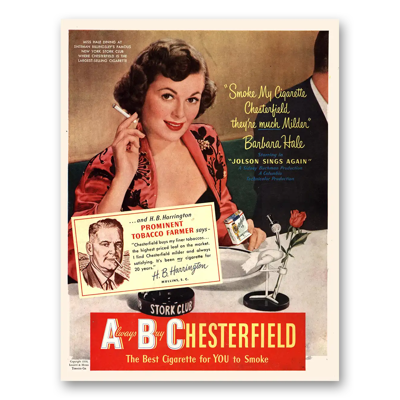 1950 Chesterfield Cigarettes Barbara Hale H B Harrington Vintage Magazine Print Ad