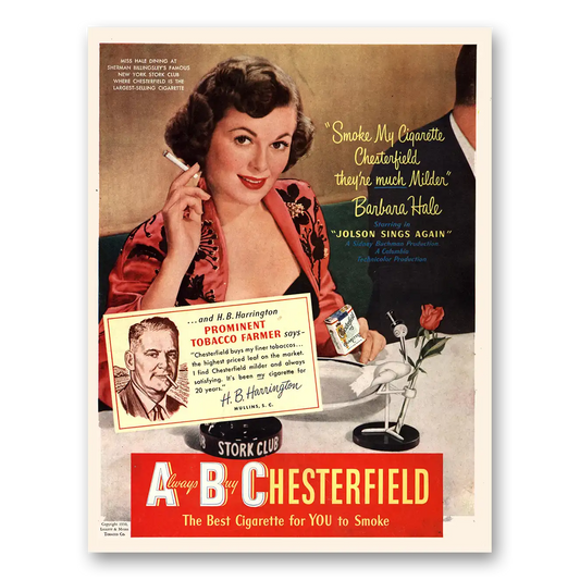 1950 Chesterfield Cigarettes Barbara Hale H B Harrington Vintage Magazine Print Ad