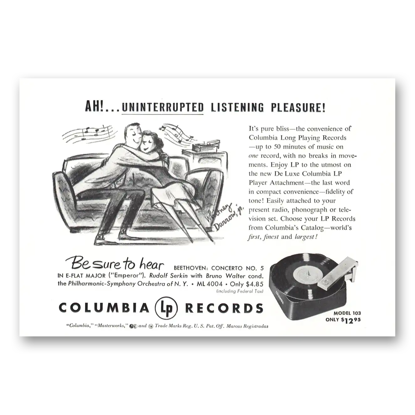 1950 Columbia Records Uninterrupted Listening Pleasure Vintage Magazine Print Ad