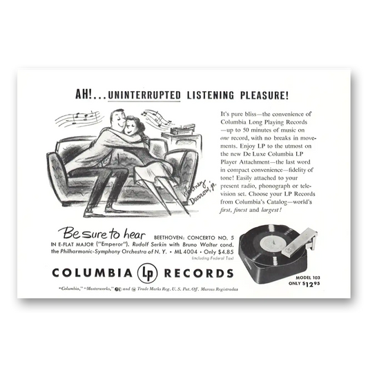 1950 Columbia Records Uninterrupted Listening Pleasure Vintage Magazine Print Ad