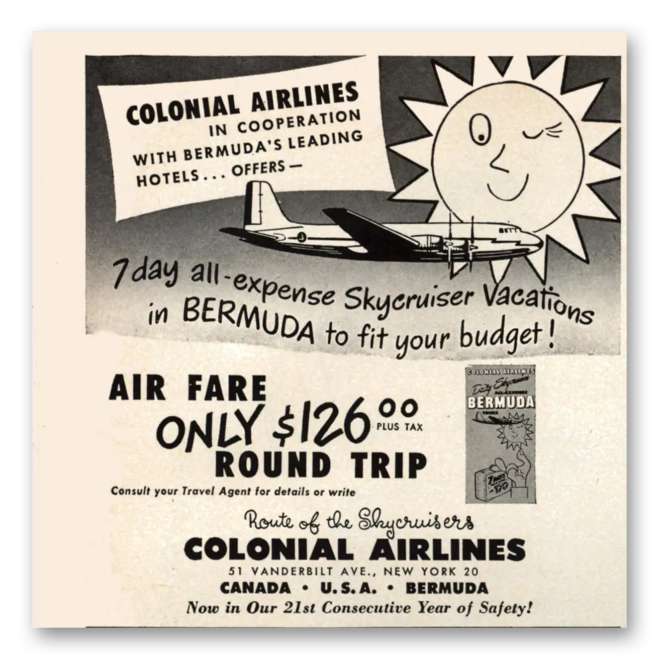 1950 Colonial Airlines Skycruiser Vacations Bermuda Vintage Magazine Print Ad