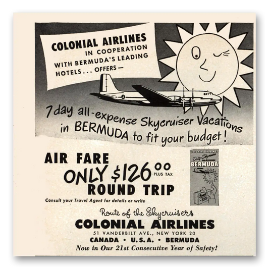 1950 Colonial Airlines Skycruiser Vacations Bermuda Vintage Magazine Print Ad