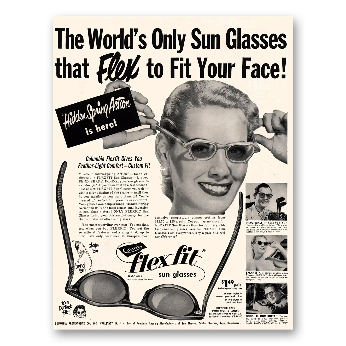 1950 Columbia Flex Fit Sunglasses Fit Your Face Vintage Magazine Print Ad