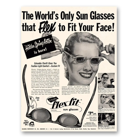 1950 Columbia Flex Fit Sunglasses Fit Your Face Vintage Magazine Print Ad