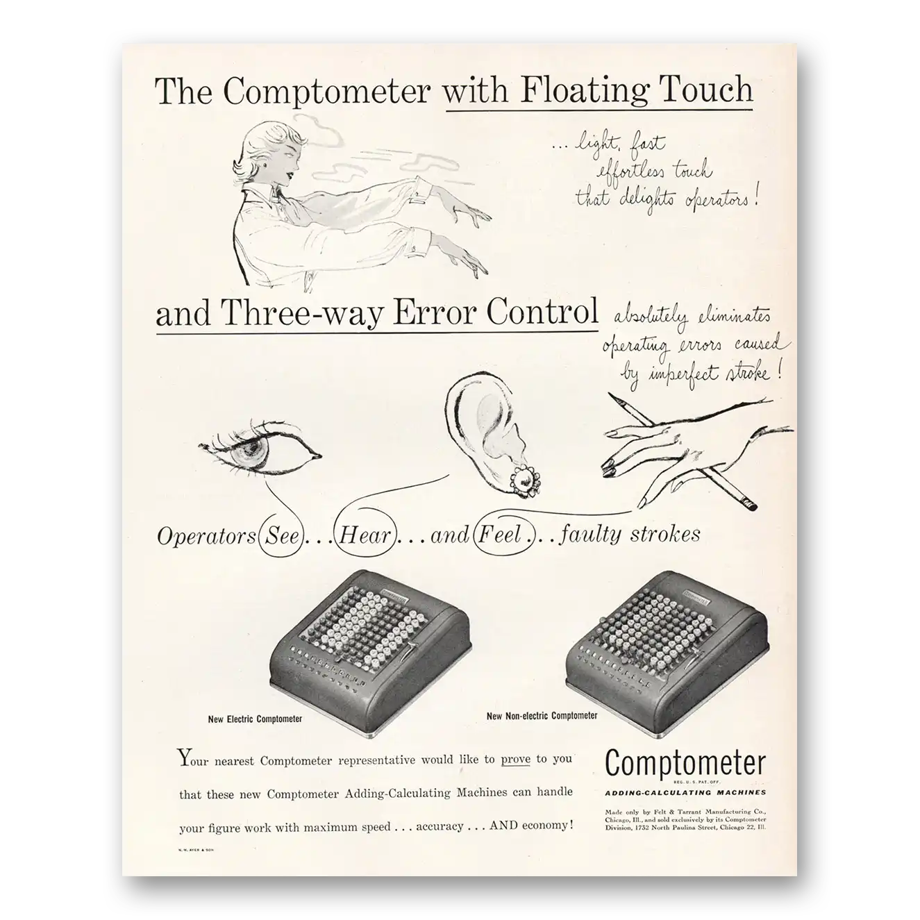 1950 Comptometer Adding Calculating Machines Floating Touch Three Way Error Control Vintage Magazine Print Ad