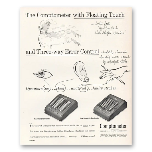 1950 Comptometer Adding Calculating Machines Floating Touch Three Way Error Control Vintage Magazine Print Ad