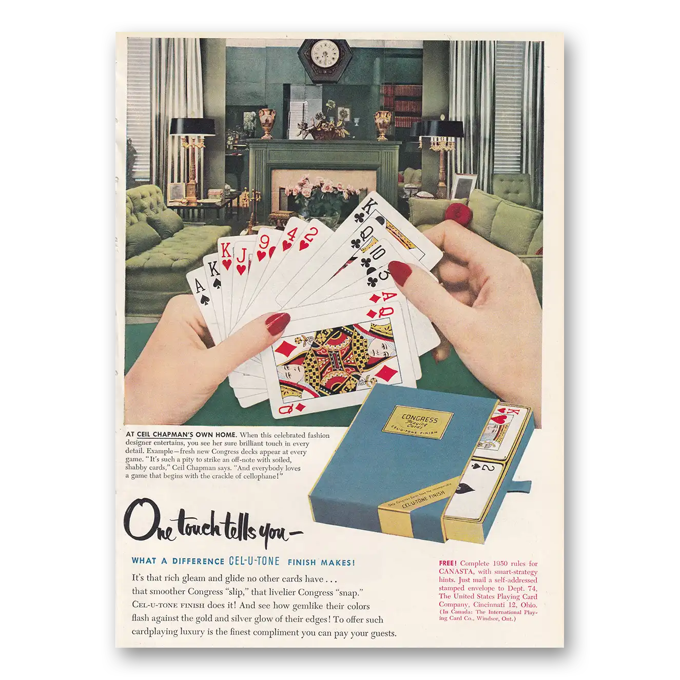 1950 United States Playing Card Congress Playing Cards Ceil Chapmans Own Home Vintage Magazine Print Ad