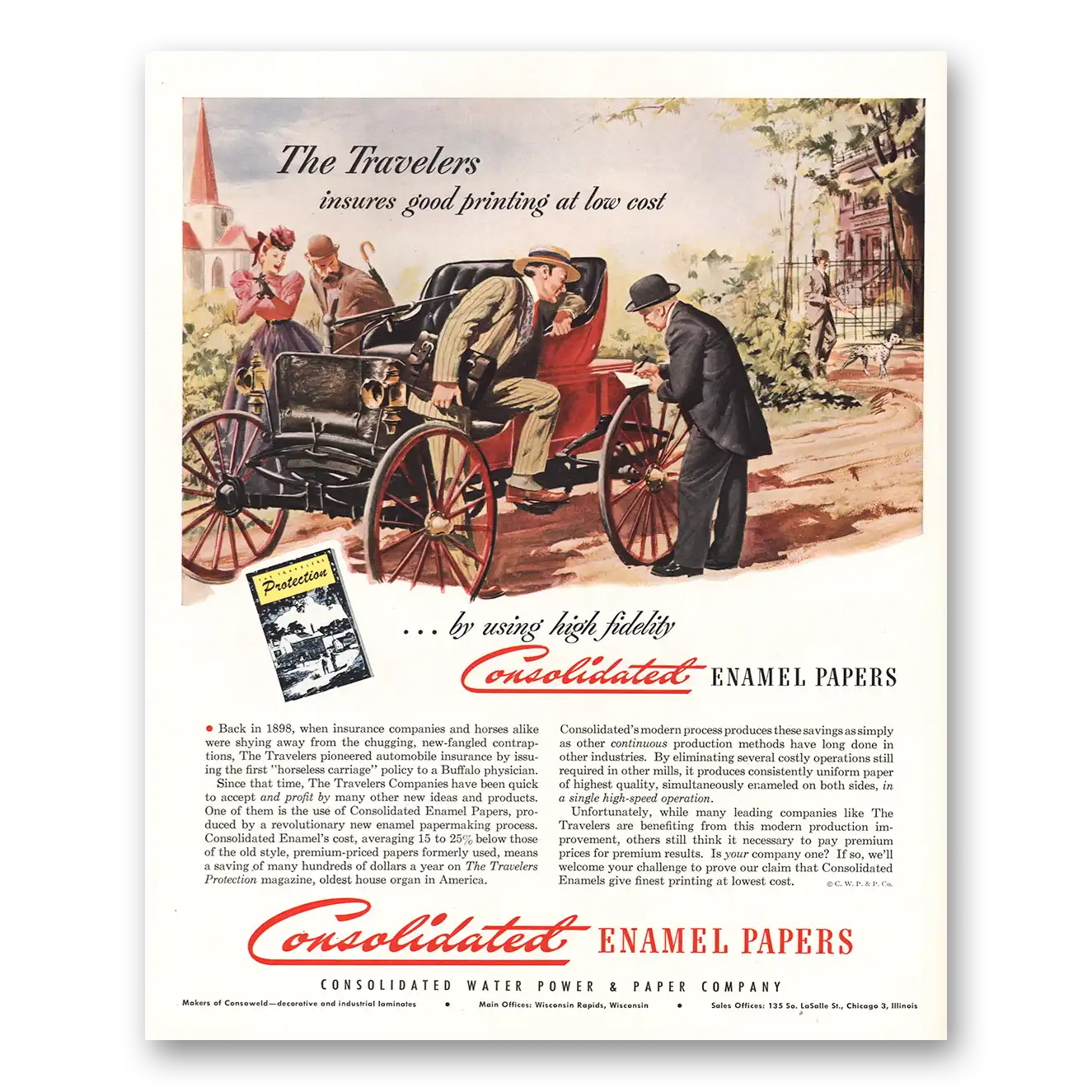 1950 Consolidated Enamel Papers Travelers Insurance Vintage Magazine Print Ad