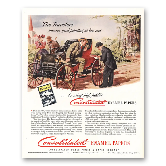 1950 Consolidated Enamel Papers Travelers Insurance Vintage Magazine Print Ad