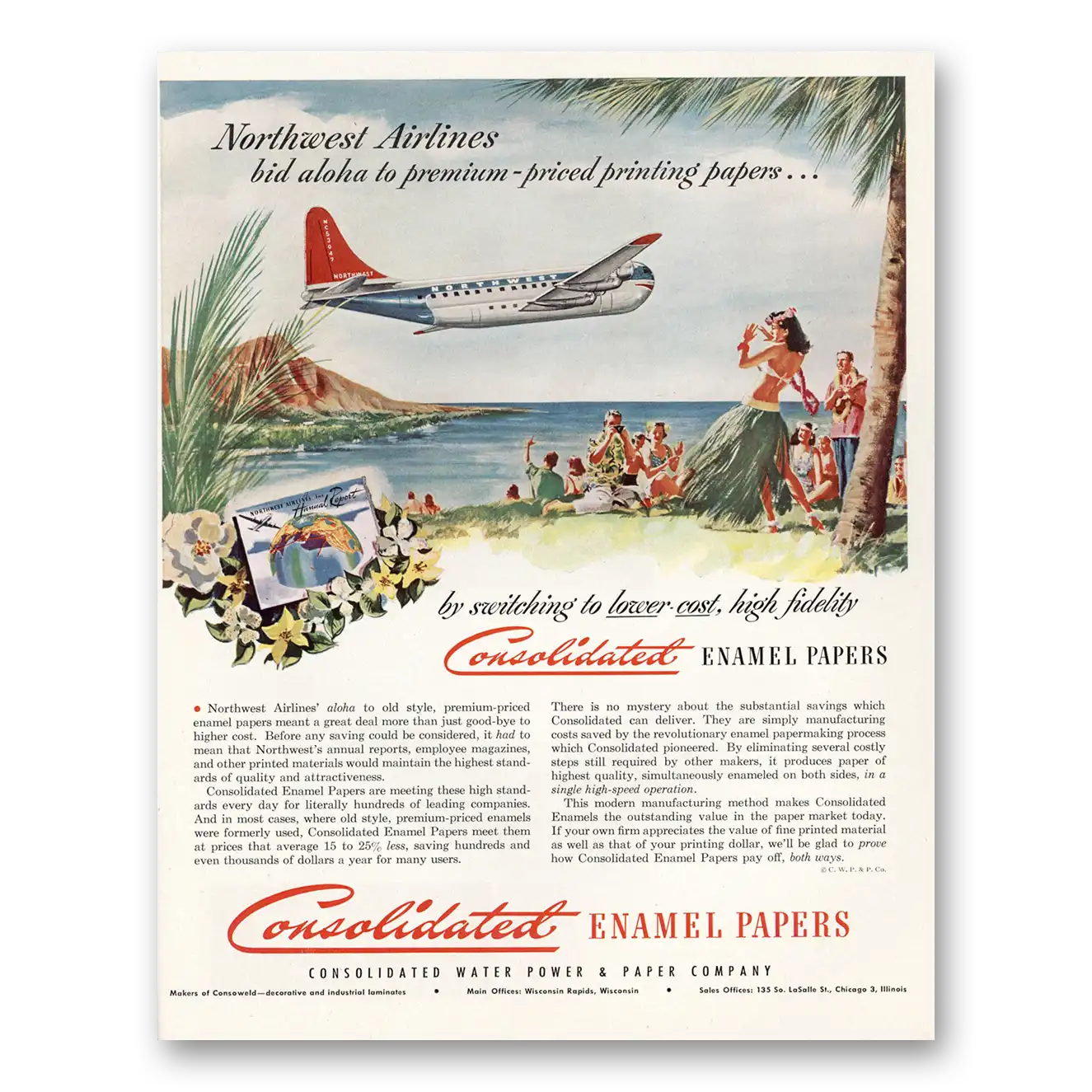 1950 Consolidated Enamel Papers Northwest Airlines Vintage Magazine Print Ad