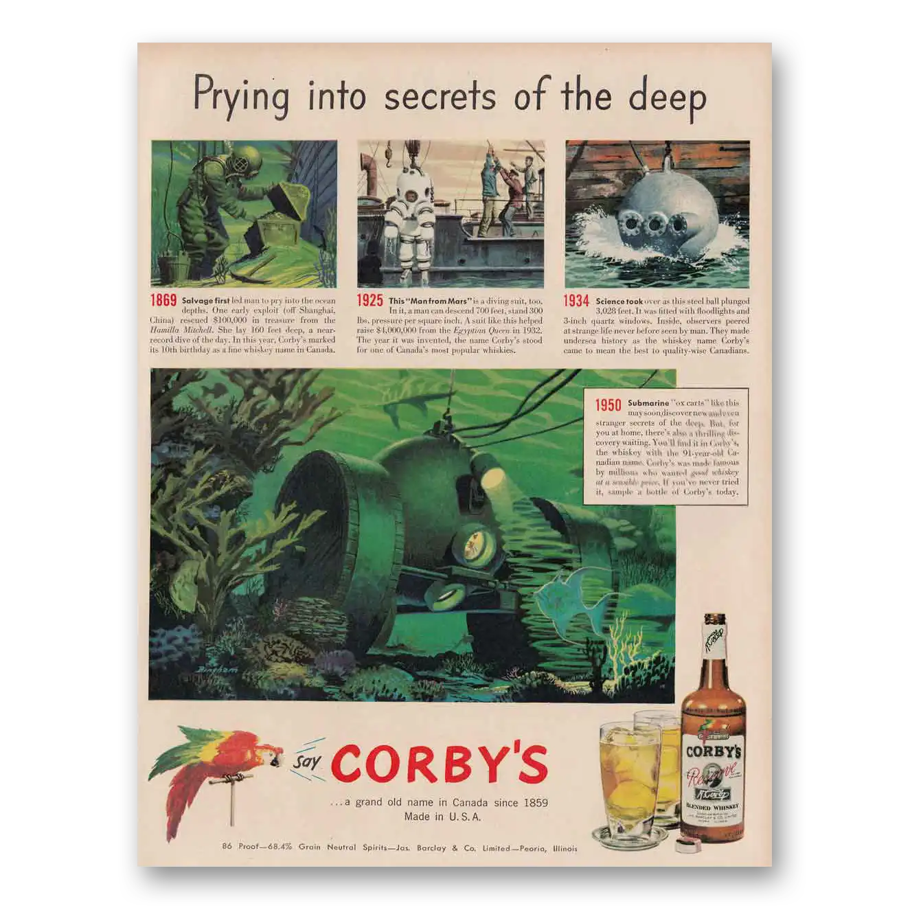 1950 Corbys Whiskey Prying Into Secrets of the Deep Vintage Magazine Print Ad