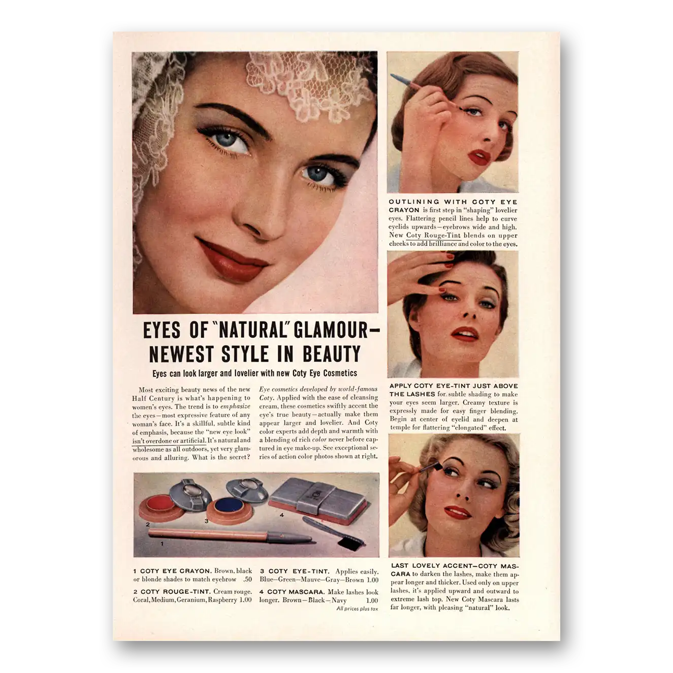 1950 Coty Cosmetics Eyes of Natural Glamour Newest Style in Beauty Vintage Magazine Print Ad