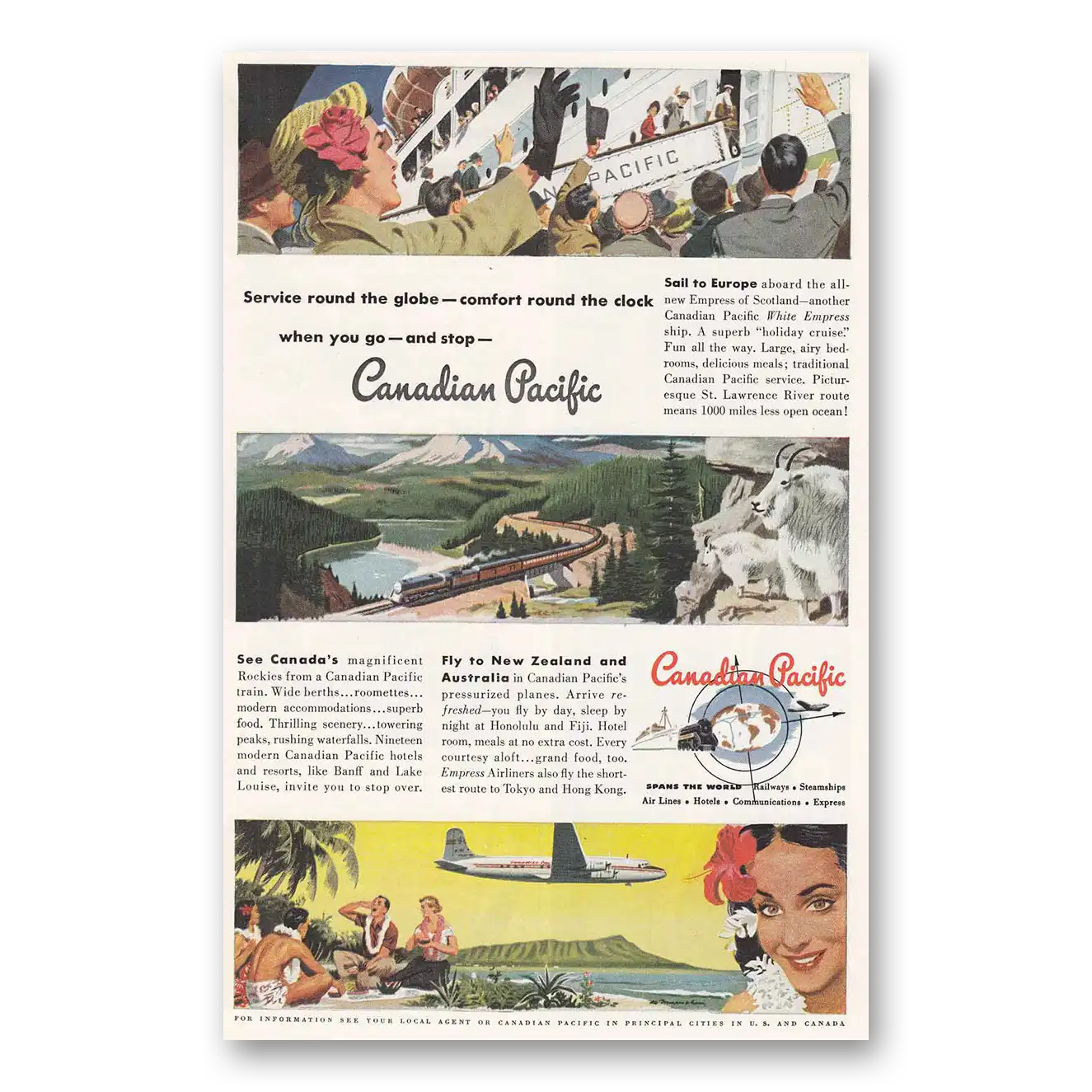 1950 Canadian Pacific Service Round the Globe Vintage Magazine Print Ad