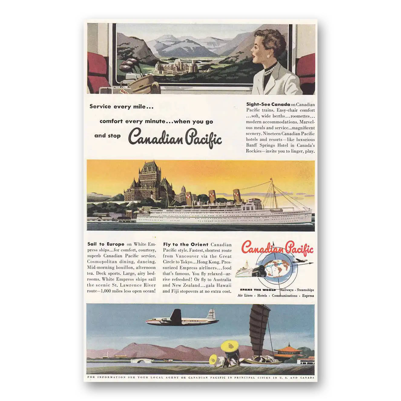 1950 Canadian Pacific Service Every Mile Vintage Magazine Print Ad