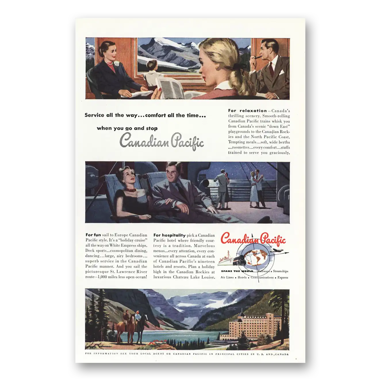 1950 Canadian Pacific Service All the Way Comfort All the Time Vintage Magazine Print Ad