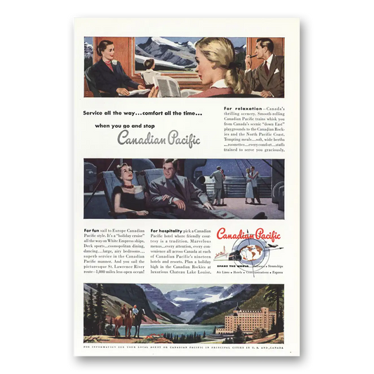 1950 Canadian Pacific Service All the Way Comfort All the Time Vintage Magazine Print Ad