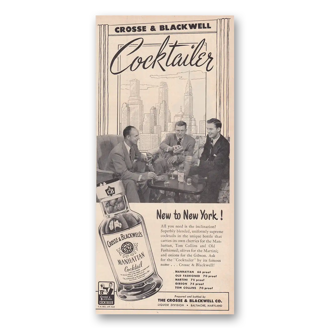 1950 Crosse & Blackwell Cocktailer New to New York Vintage Magazine Print Ad